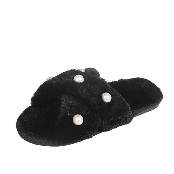 2/$30 Black Faux Fur Pearl Slides Fuzzy Cross-Band Slippers Women’s Plush Shoes - Picture 4 of 5